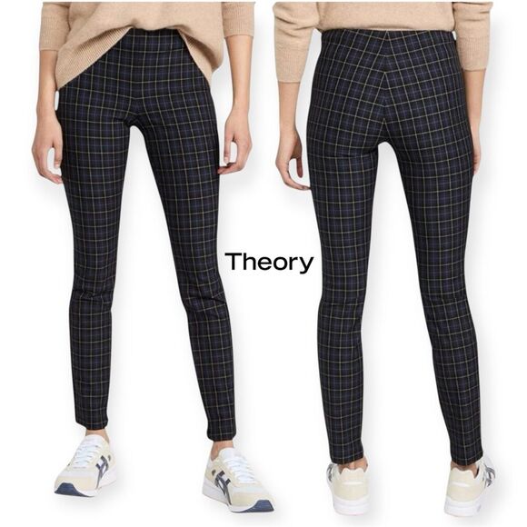 THEORY Galway Tech Skinny Pants Leggings Plaid Black Blue Ankle Side Zip Size 2 - Picture 3 of 16